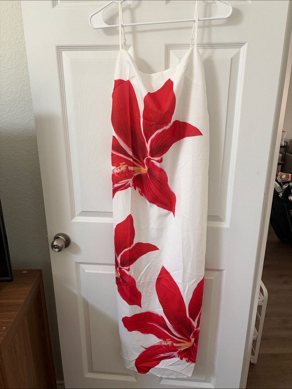 White and Red Floral Print Maxi Dress with Adjustable Straps.